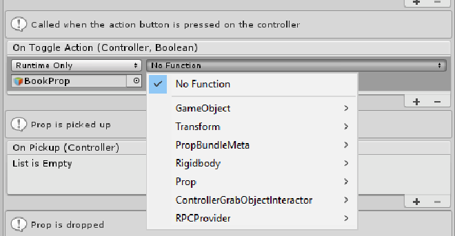 A Unity Event called “OnToggleAction” that provides a Controller and Boolean when activated